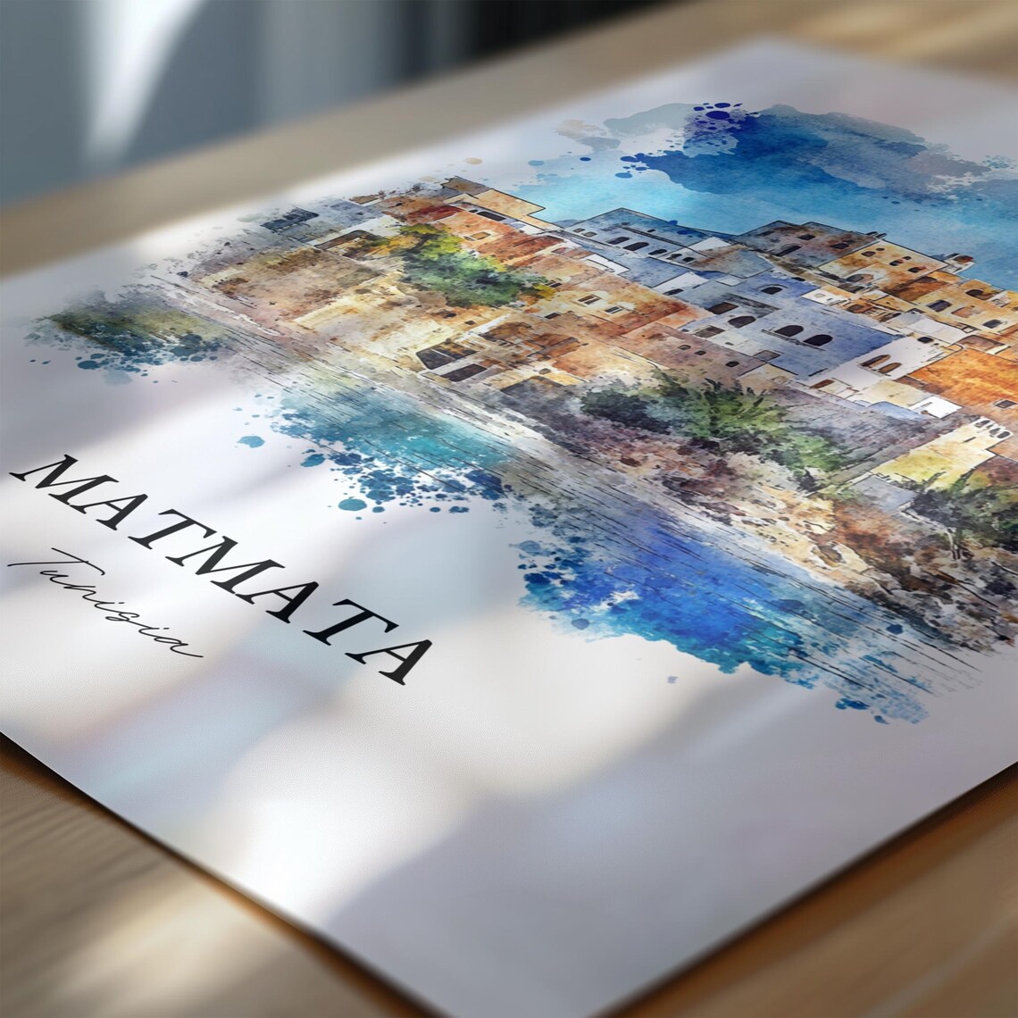 Matmata Tunisia Old Hilltop Village Watercolor Travel Poster - Image 6