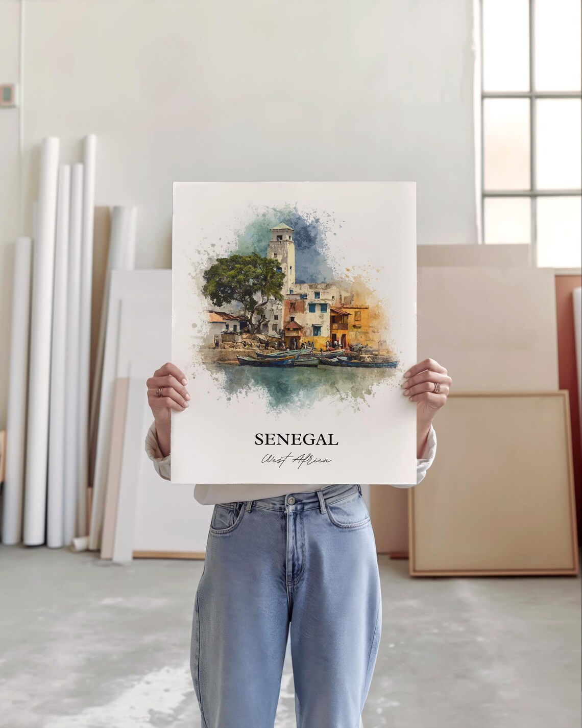 Senegal West Africa Fishing Harbor Boats Watercolor Travel Poster - Image 4
