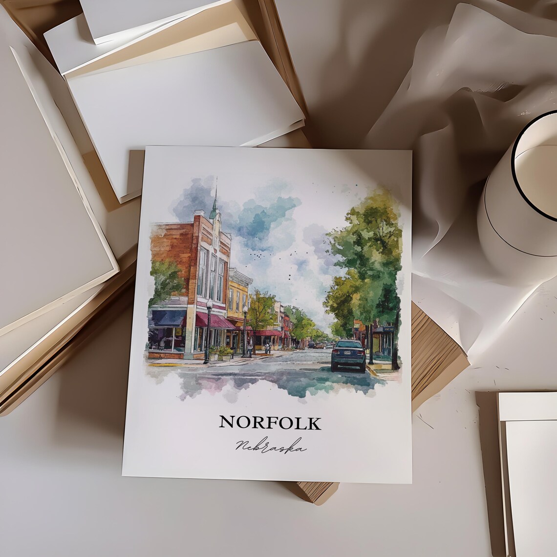Norfolk Nebraska Charming Downtown Street Scene Watercolor Poster - Image 2