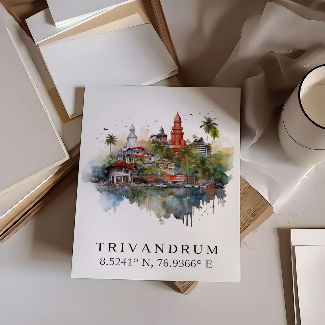 Trivandrum India Watercolor Red Dome Temples Coordinates Poster - Image 6
