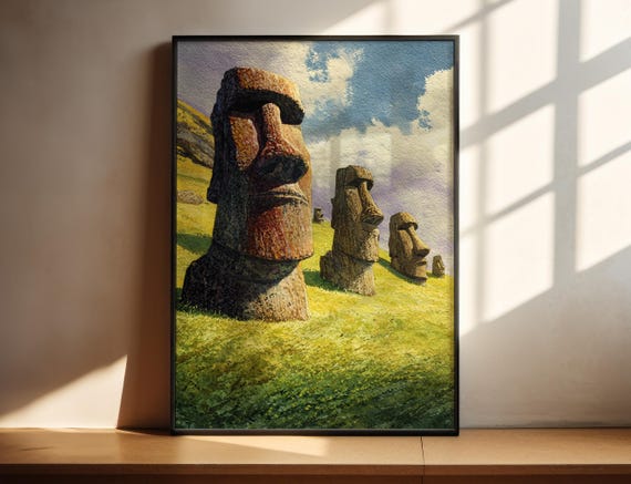 Easter Island Moai Statues Rapa Nui Chile Green Hills Watercolor Poster