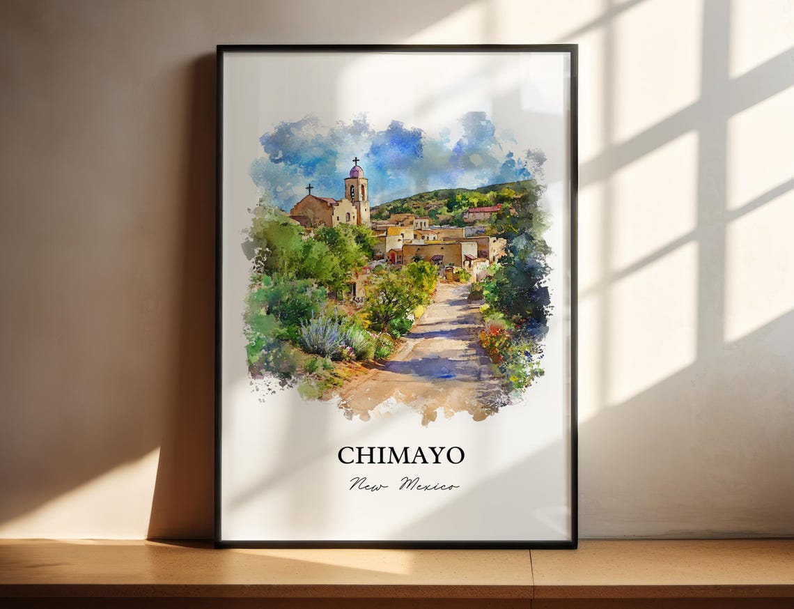 Chimayo New Mexico Adobe Church Village Path Watercolor Travel Poster