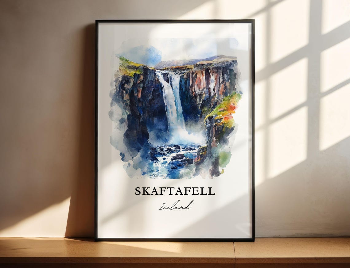 Skaftafell Iceland Waterfall Canyon Watercolor Travel Poster
