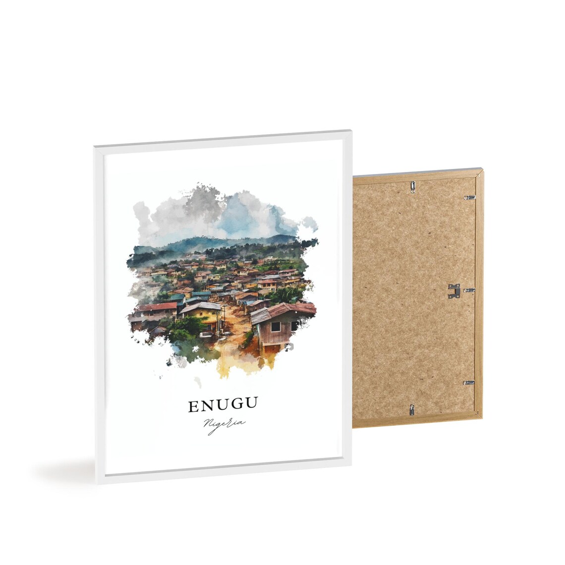 Enugu Nigeria Misty Hillside Town Watercolor Travel Art Poster - Image 2