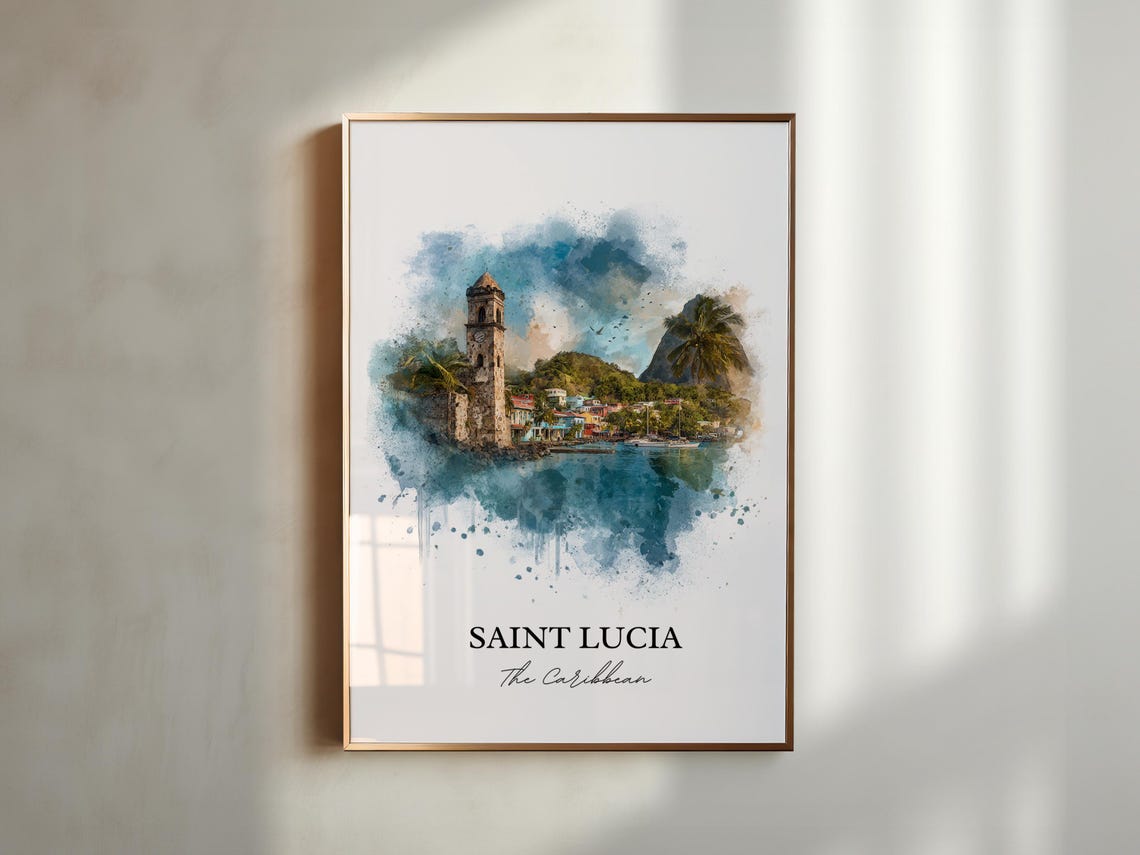 Saint Lucia Caribbean Stunning Coastal Town Watercolor Travel Poster - Image 5