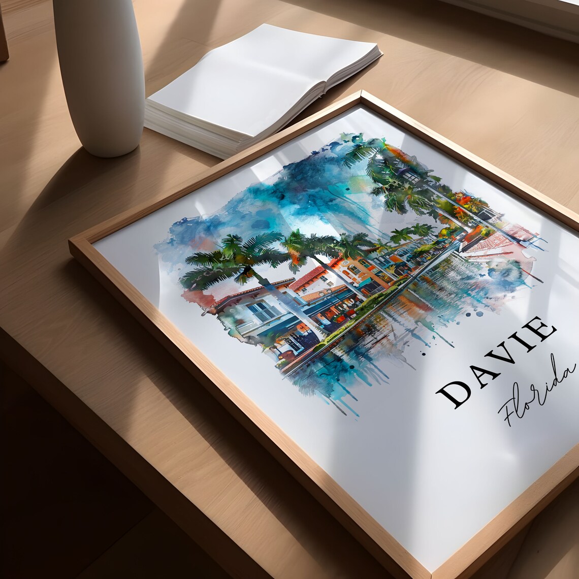 Davie Florida Watercolor Waterfront Promenade Palm Trees Poster - Image 4