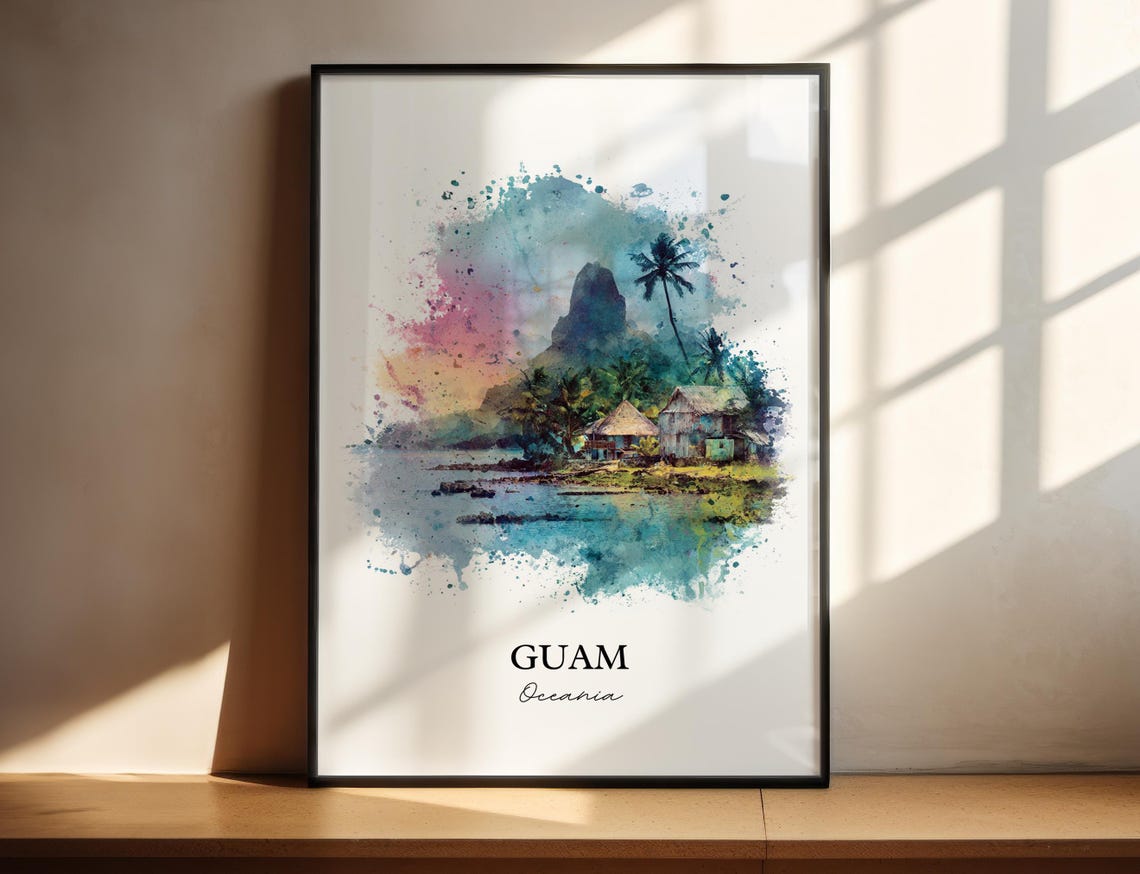 Guam Oceania Sunset Lagoon Huts Peak Watercolor Travel Poster