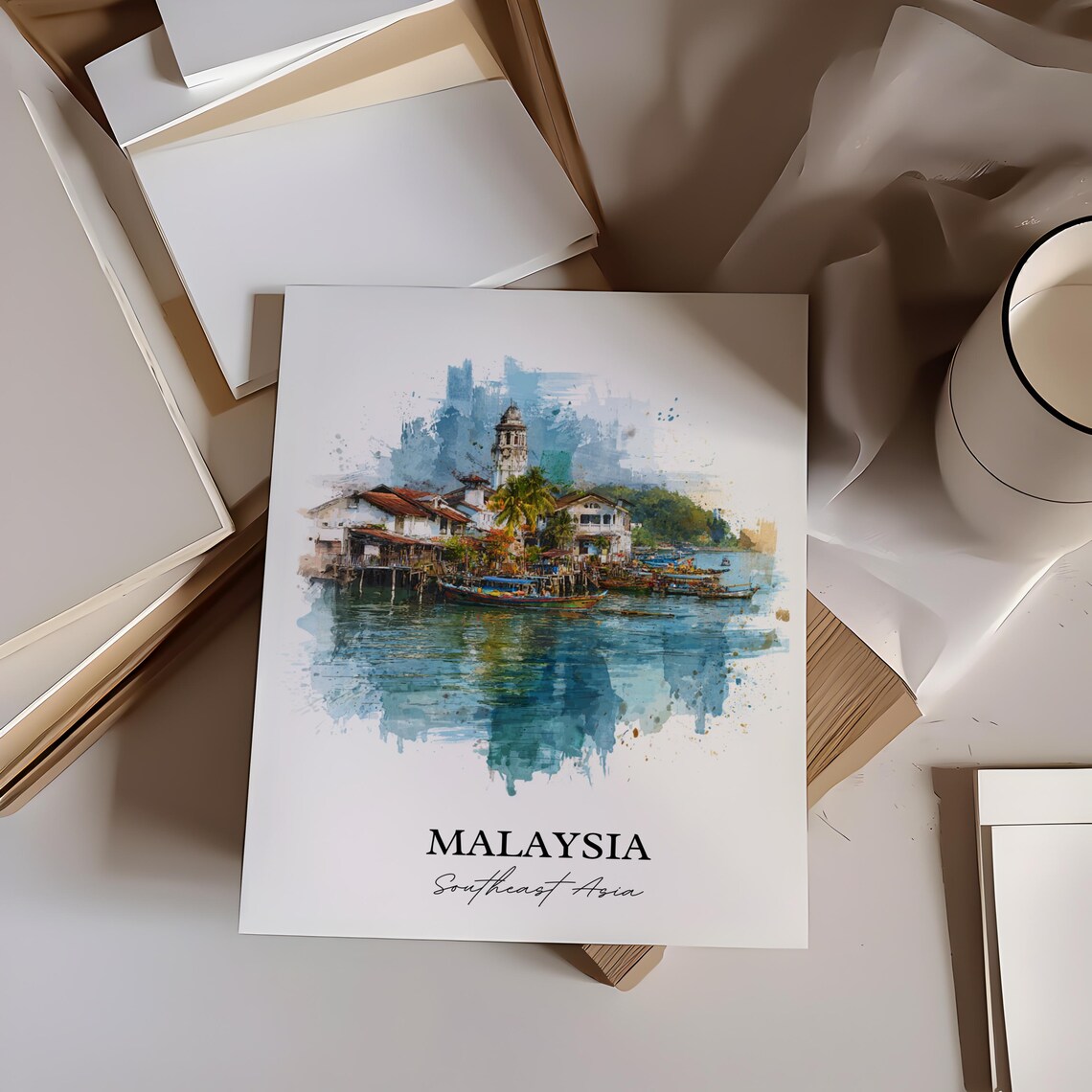 Malaysia Southeast Asia Stilt Fishing Village Watercolor Poster - Image 3