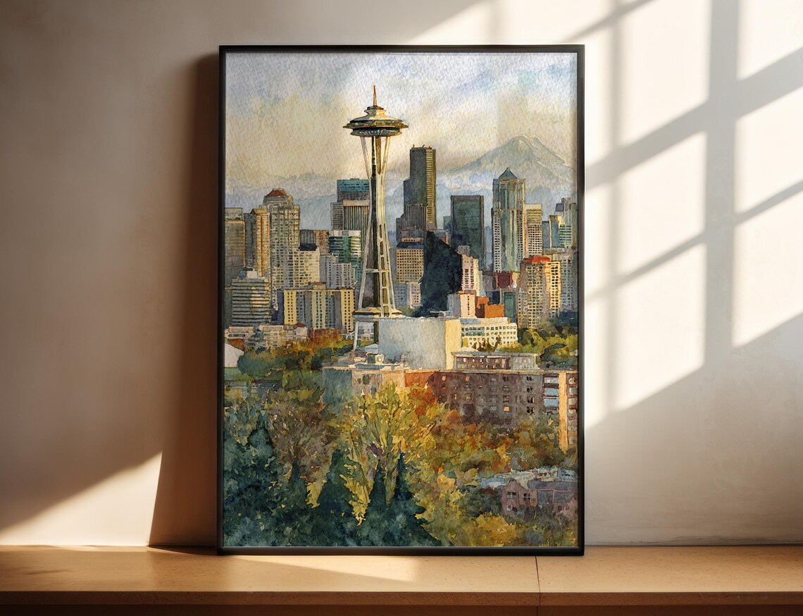 Seattle, WA Watercolor Travel Poster, Washington