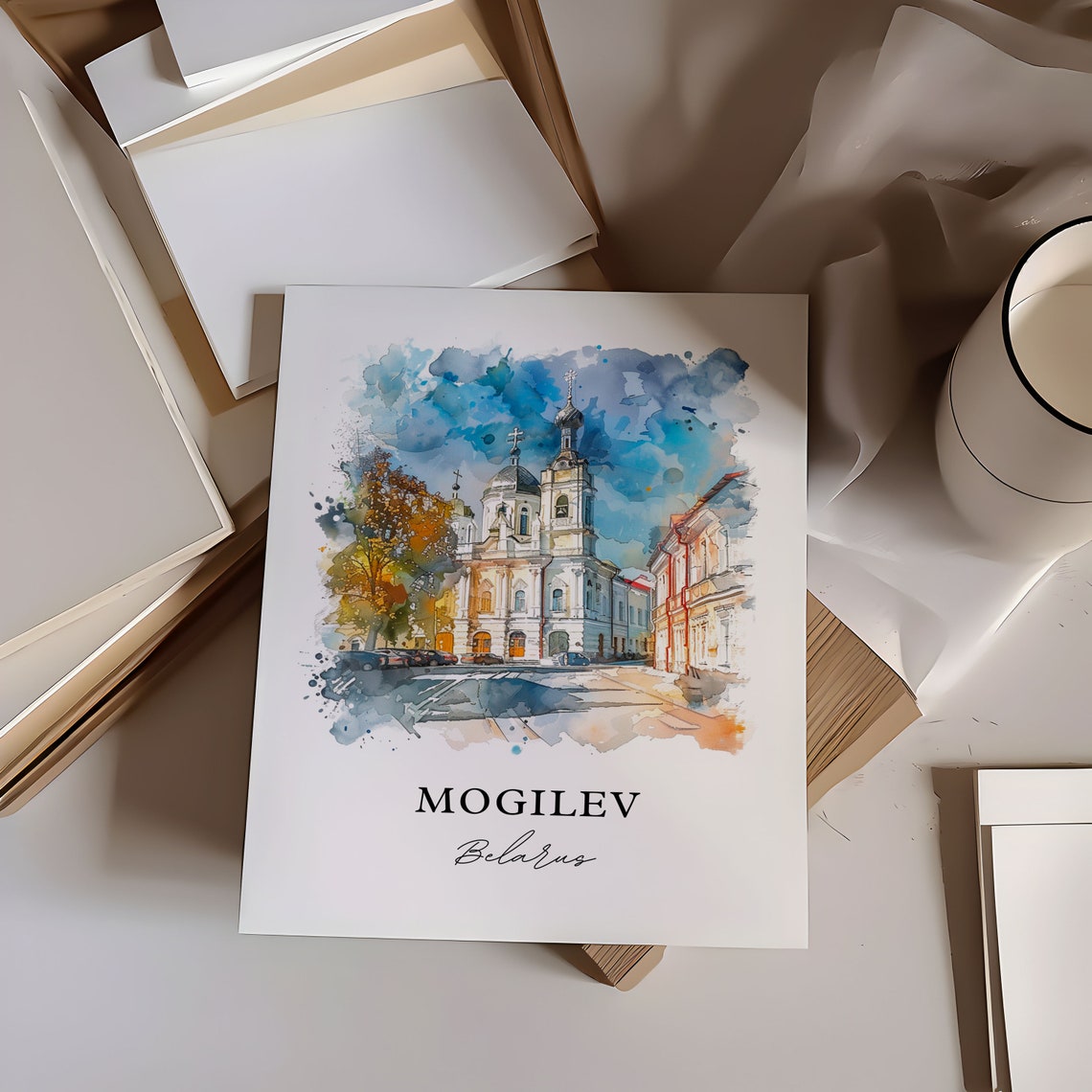 Mogilev Belarus Watercolor Cathedral Old Town Street Scene Poster - Image 2