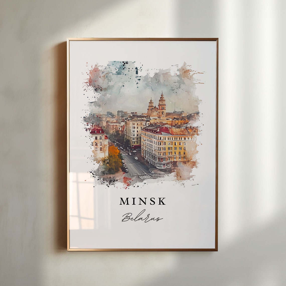 Minsk Belarus Historic City Skyline Streetscape Watercolor Poster