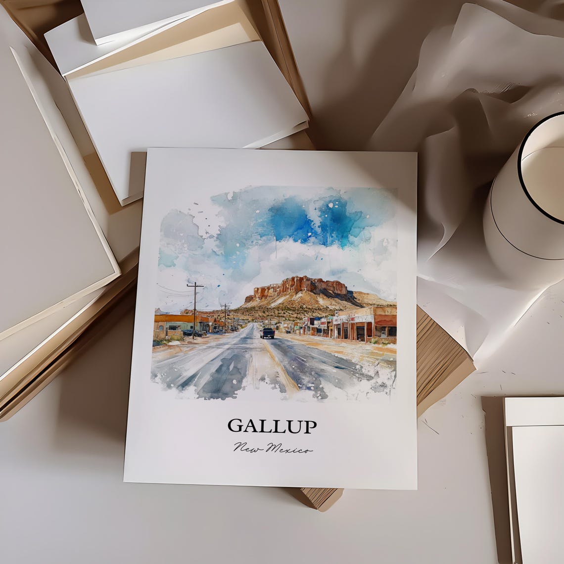 Gallup New Mexico Watercolor Route 66 Desert Town Street Poster - Image 3