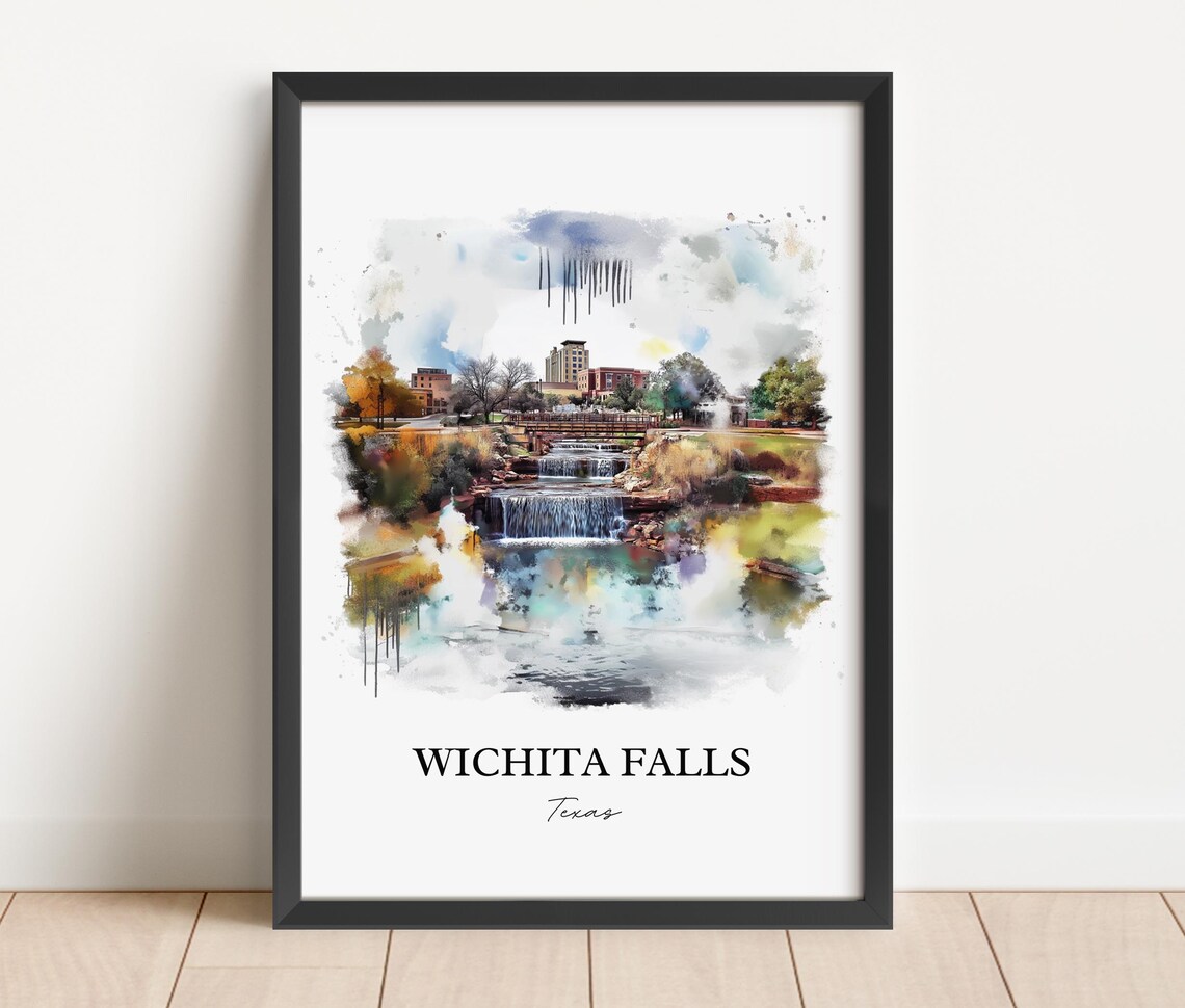 Wichita Falls Texas Downtown Waterfall Cityscape Watercolor Poster - Image 2
