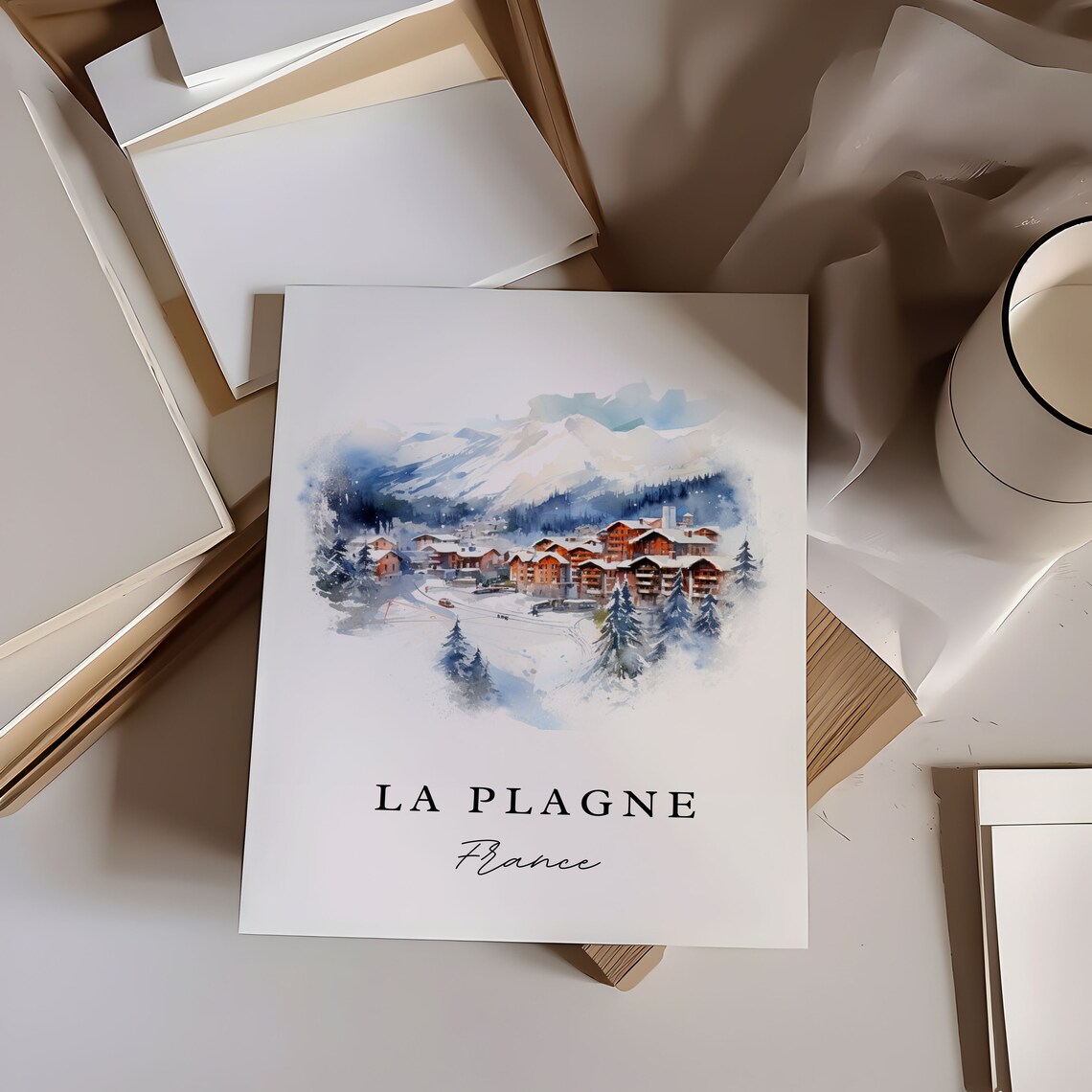 La Plagne France Alpine Ski Resort Chalets Watercolor Travel Poster - Image 6