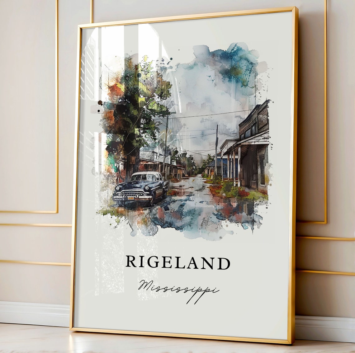 Old Rigeland Mississippi Vintage Main Street Classic Car Poster - Image 3