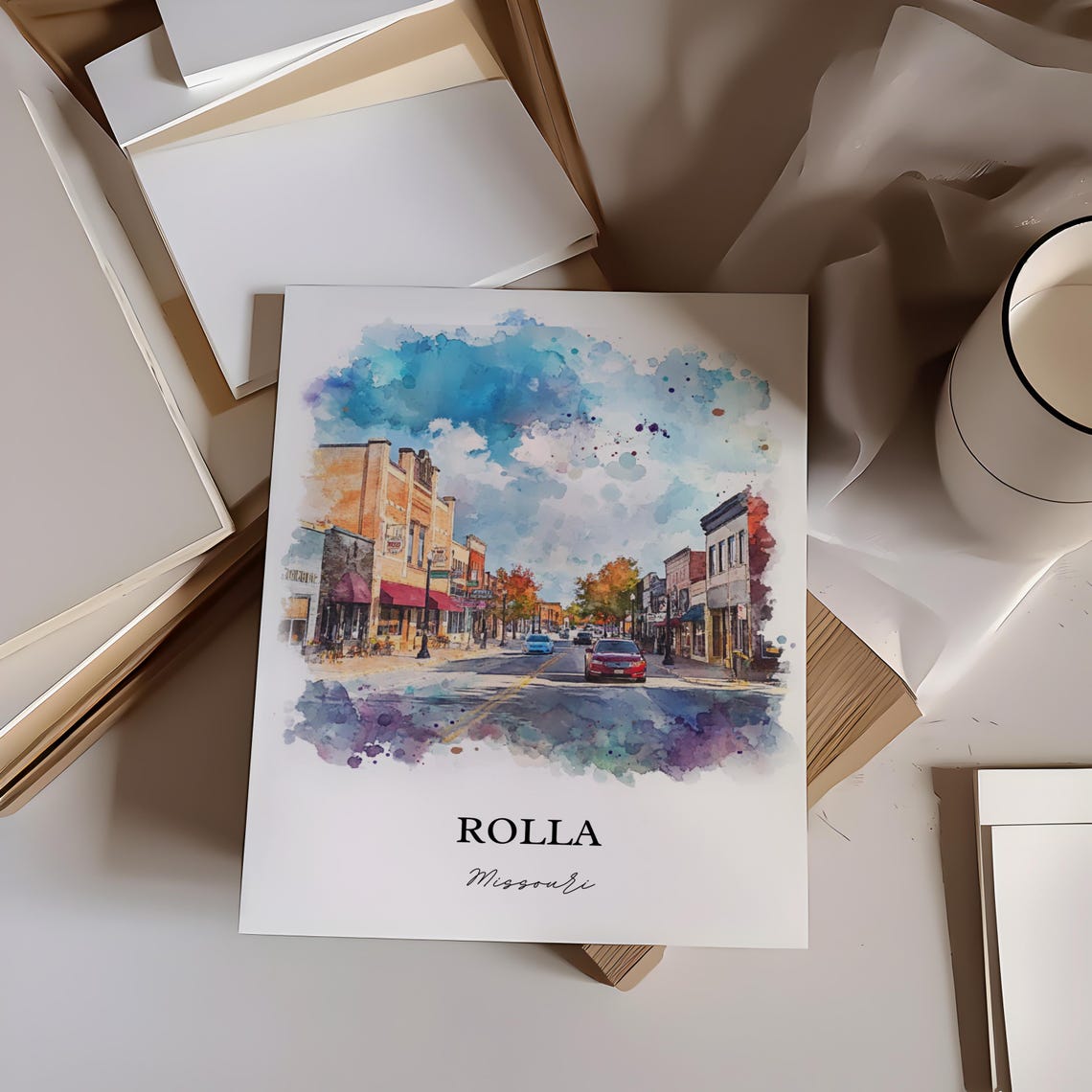 Rolla Missouri Bustling Main Street Autumn Watercolor Poster - Image 3