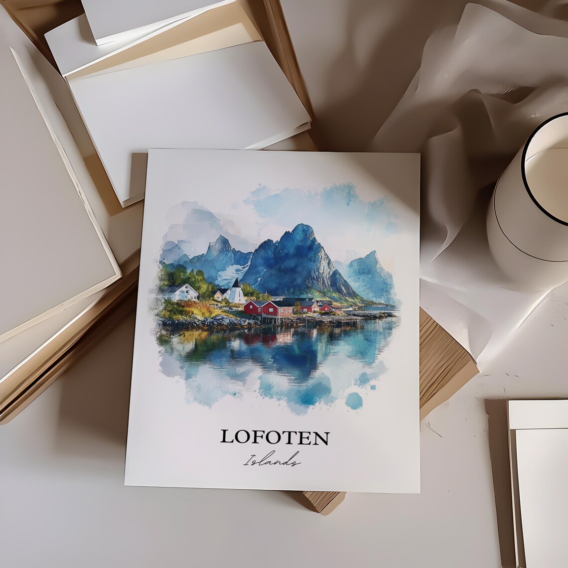 Lofoten Islands Norway Watercolor Red Cabins Scenic View Poster - Image 5