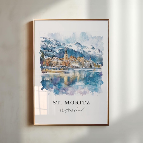 St. Moritz Switzerland Snowy Alpine Lake Watercolor Travel Poster