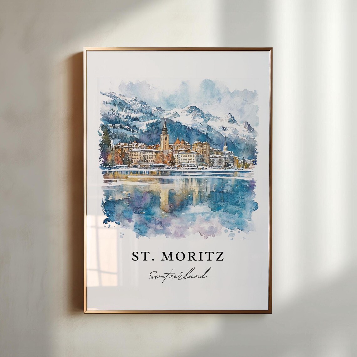 St. Moritz Switzerland Snowy Alpine Lake Watercolor Travel Poster