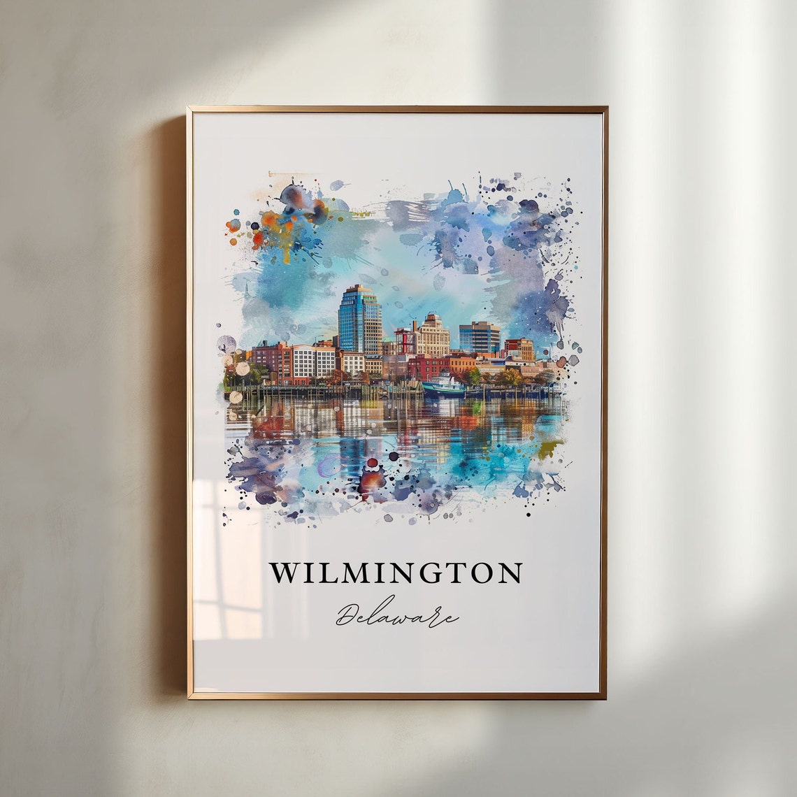Wilmington Delaware Watercolor Riverfront Skyline View Poster
