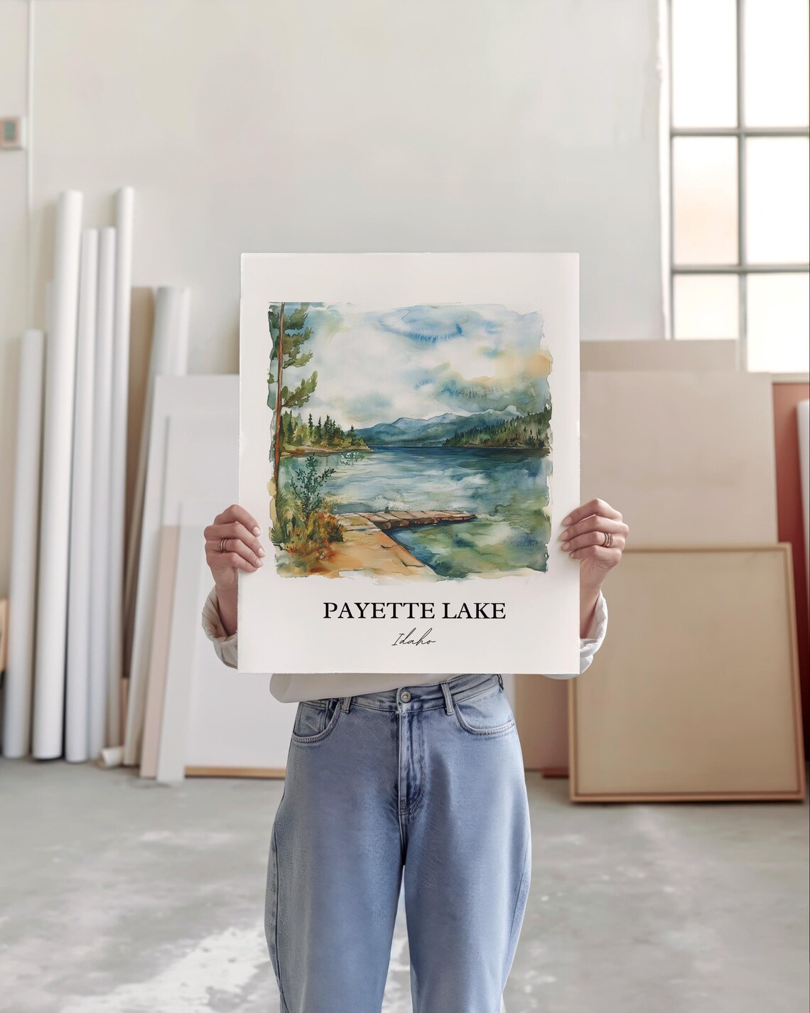Payette Lake Idaho Watercolor Lake Dock Pine Scene Art Poster - Image 3