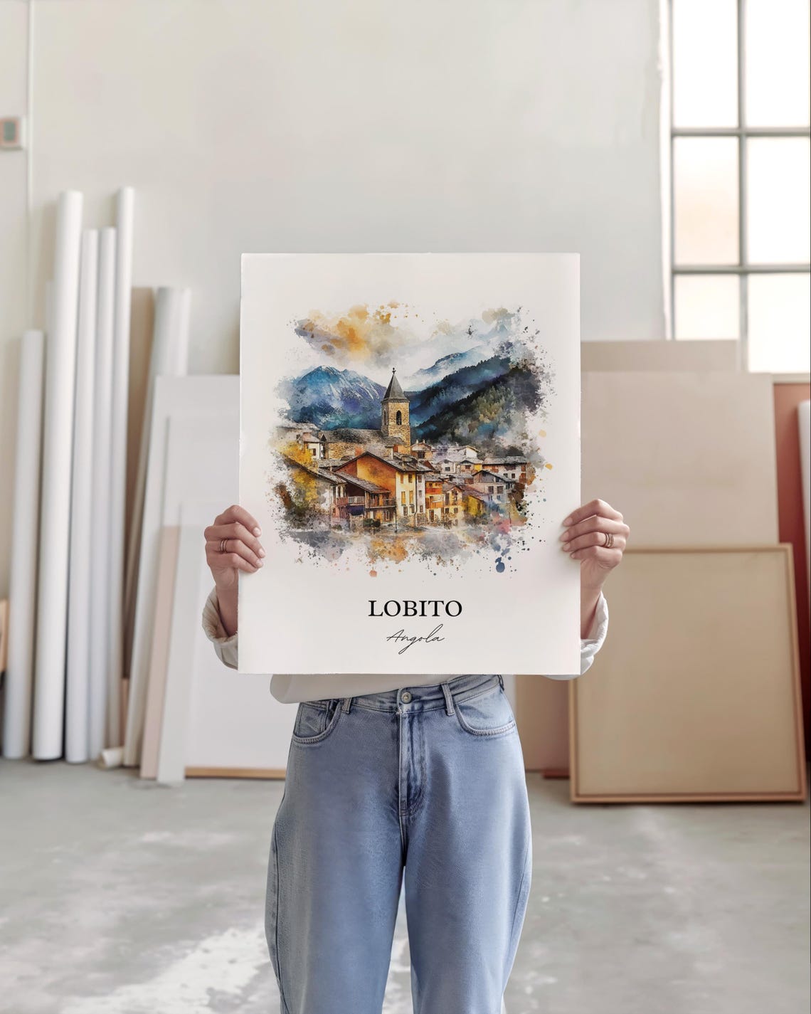 Lobito Angola Mountain Village Church Watercolor Travel Poster - Image 4