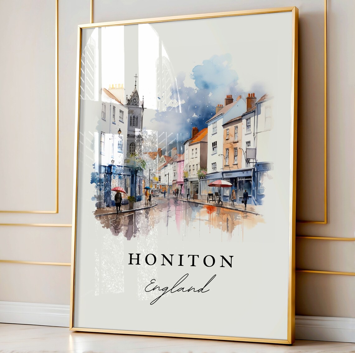 Honiton England Rainy Market Street Watercolor Town Scene Poster - Image 4