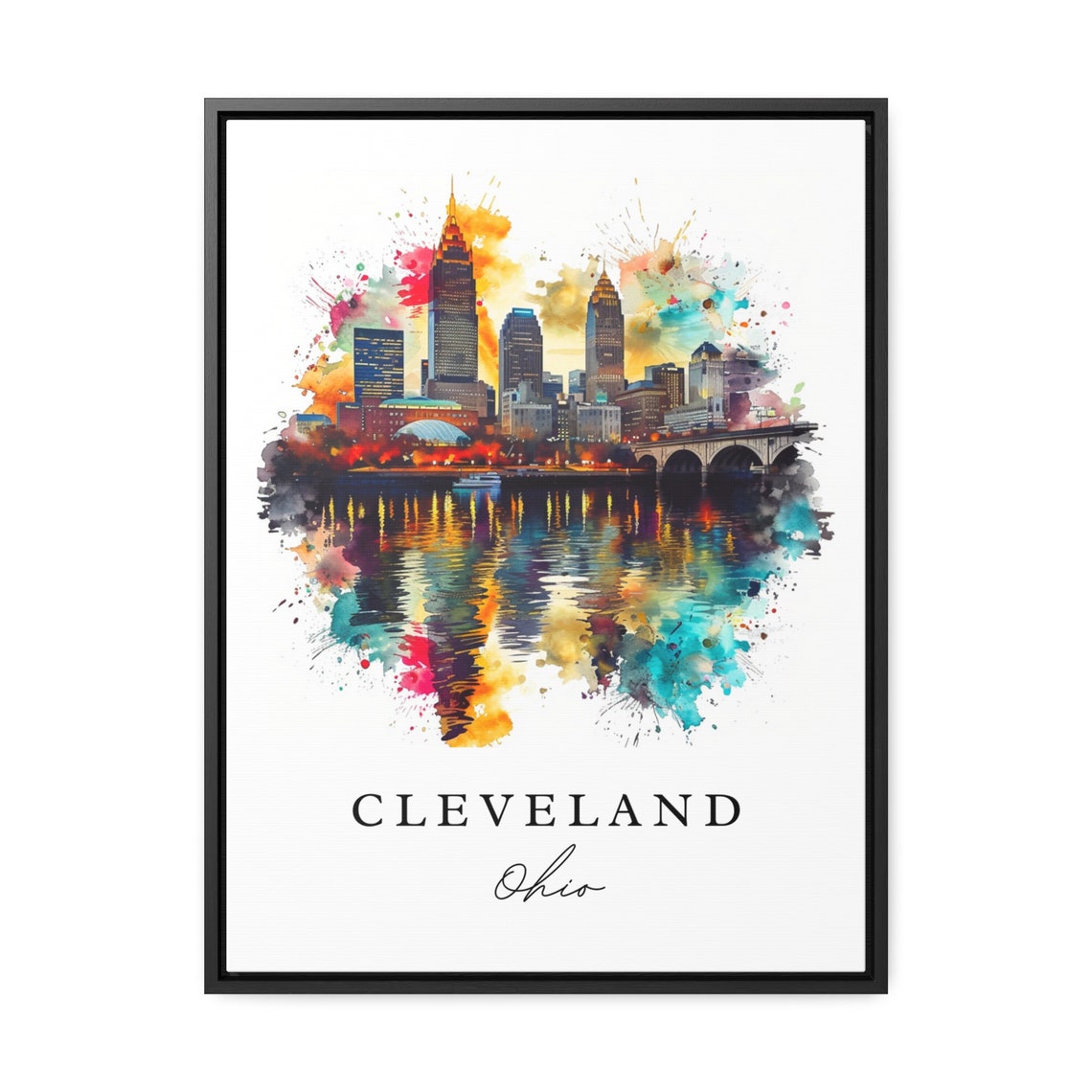 Cleveland Ohio Night Skyline Reflection Watercolor Travel Poster - Image 2