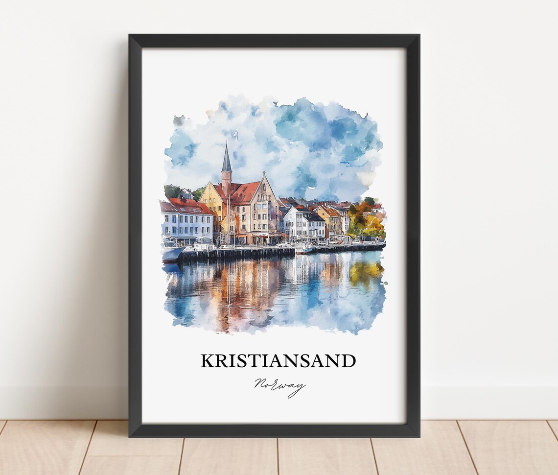 Kristiansand Norway Watercolor Harbor Town Church Travel Poster - Image 3