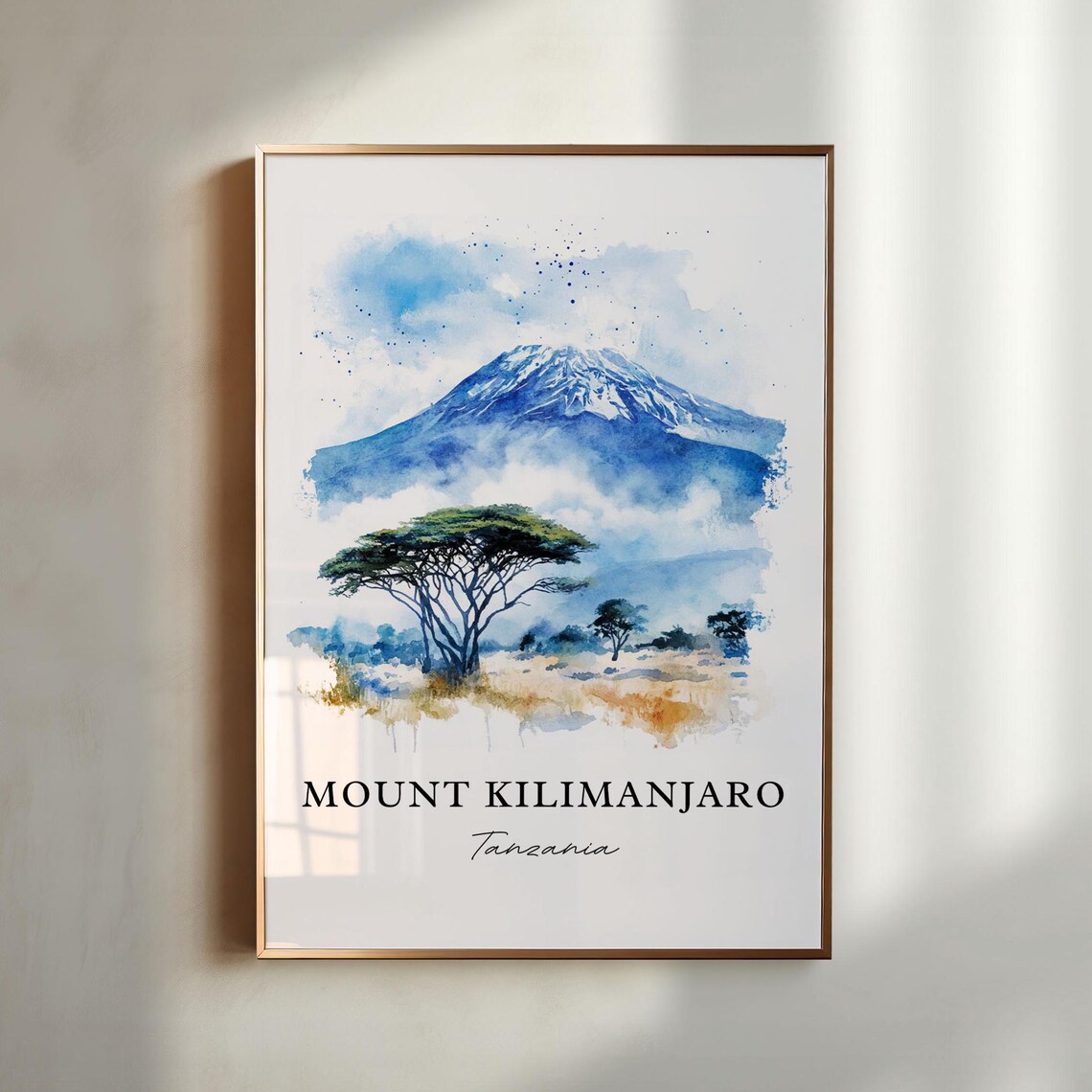Mount Kilimanjaro Tanzania Snow Peak Acacia Savanna Watercolor Poster