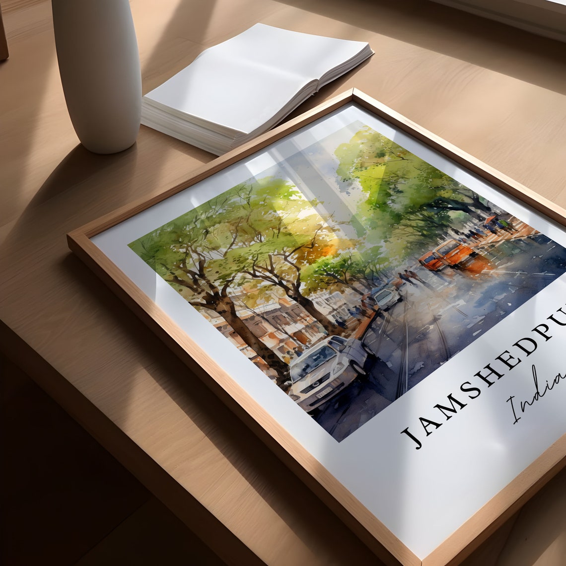 Jamshedpur India Watercolor Rainy Tree Lined Street Art Poster - Image 4