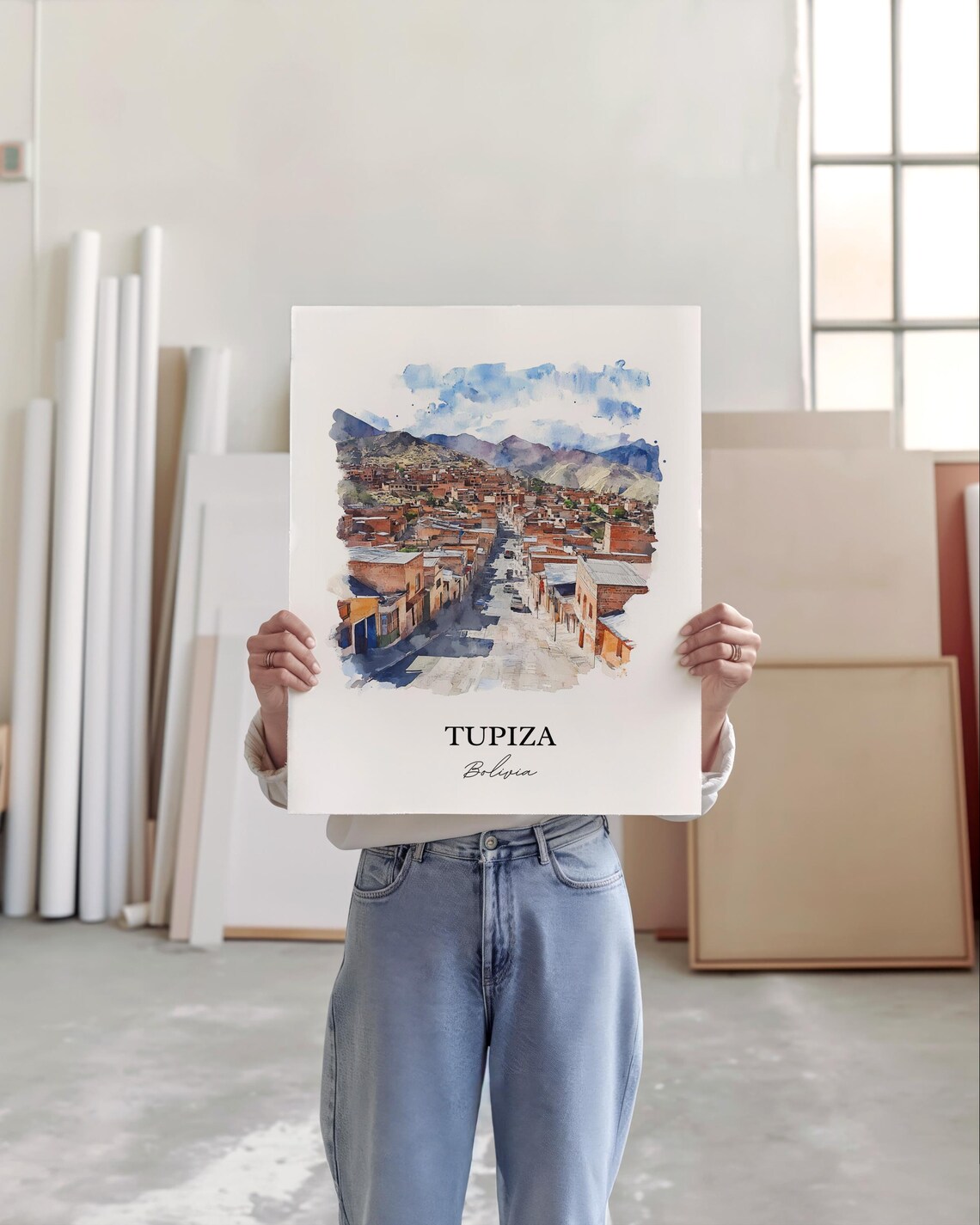 Tupiza Bolivia Watercolor Red Brick Mountain Town Street Travel Poster - Image 2