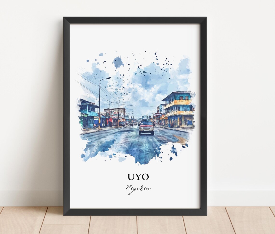 Uyo Nigeria African Watercolor Rainy Street Car Scene Poster - Image 4