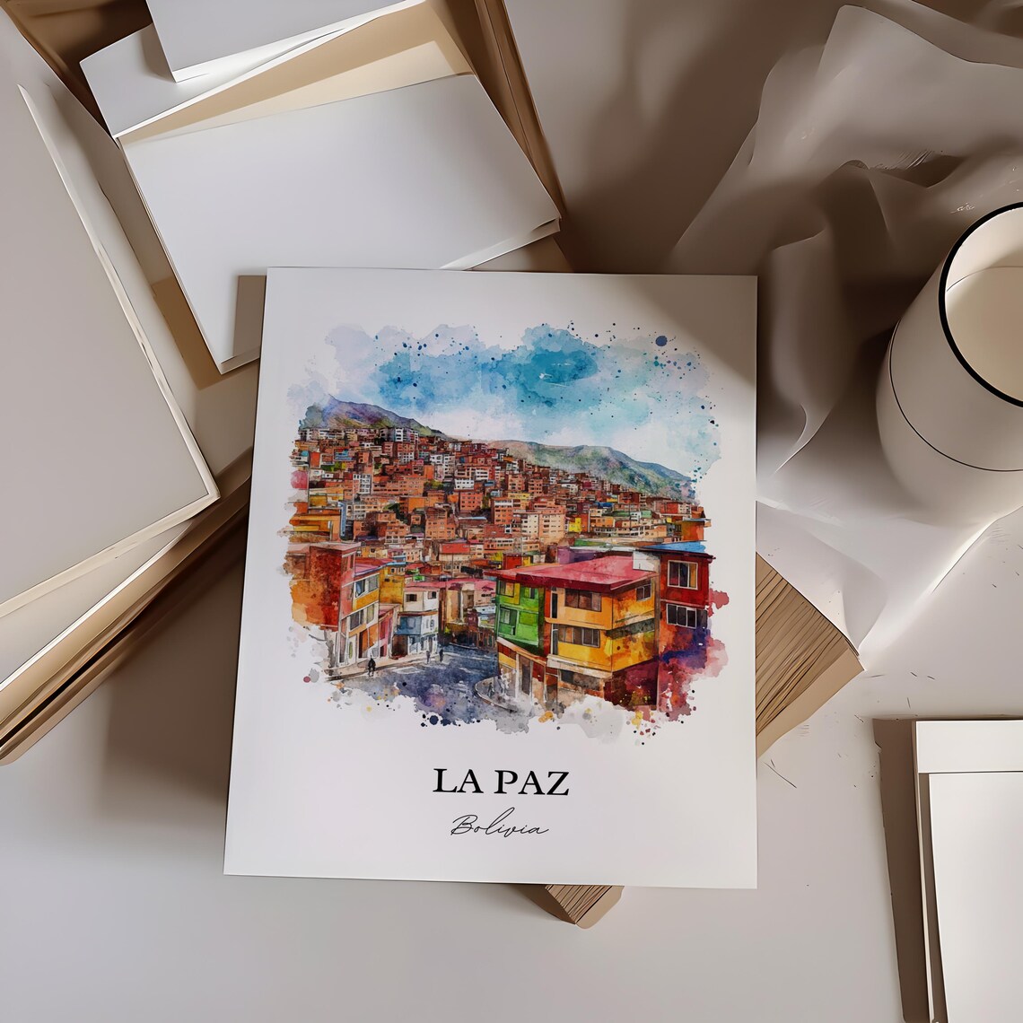 La Paz Bolivia Hillside Colorful Houses Watercolor Travel Art Poster - Image 3