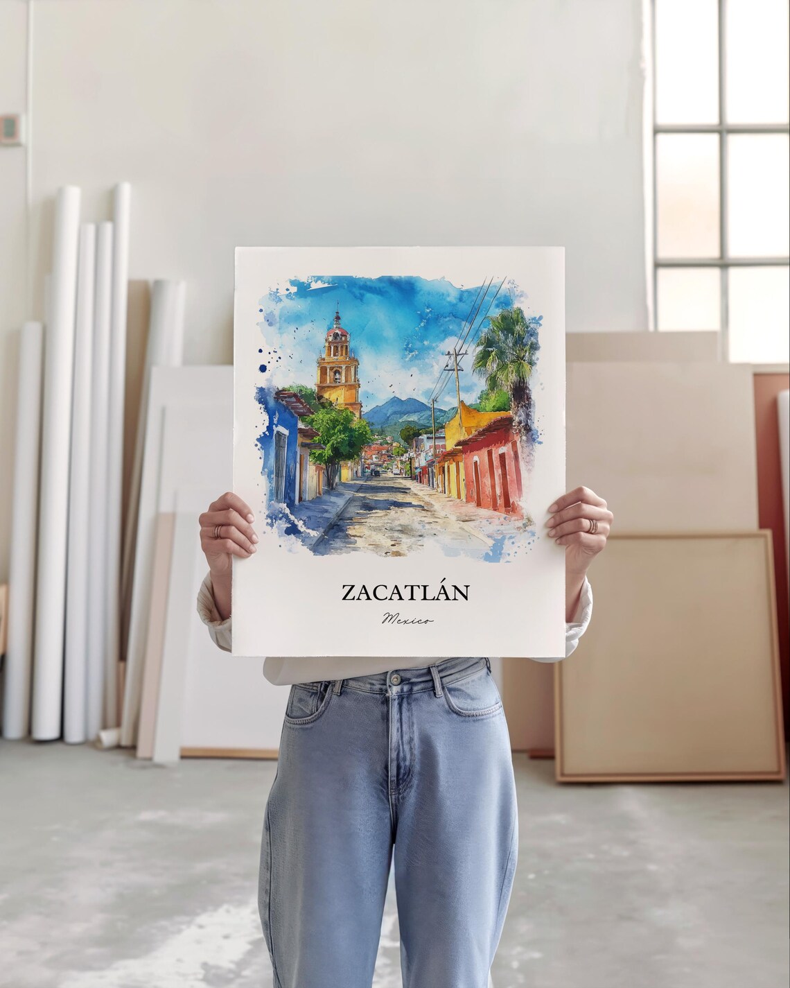 Zacatlan Mexico Watercolor Cobblestone Street Church Tower Poster - Image 4
