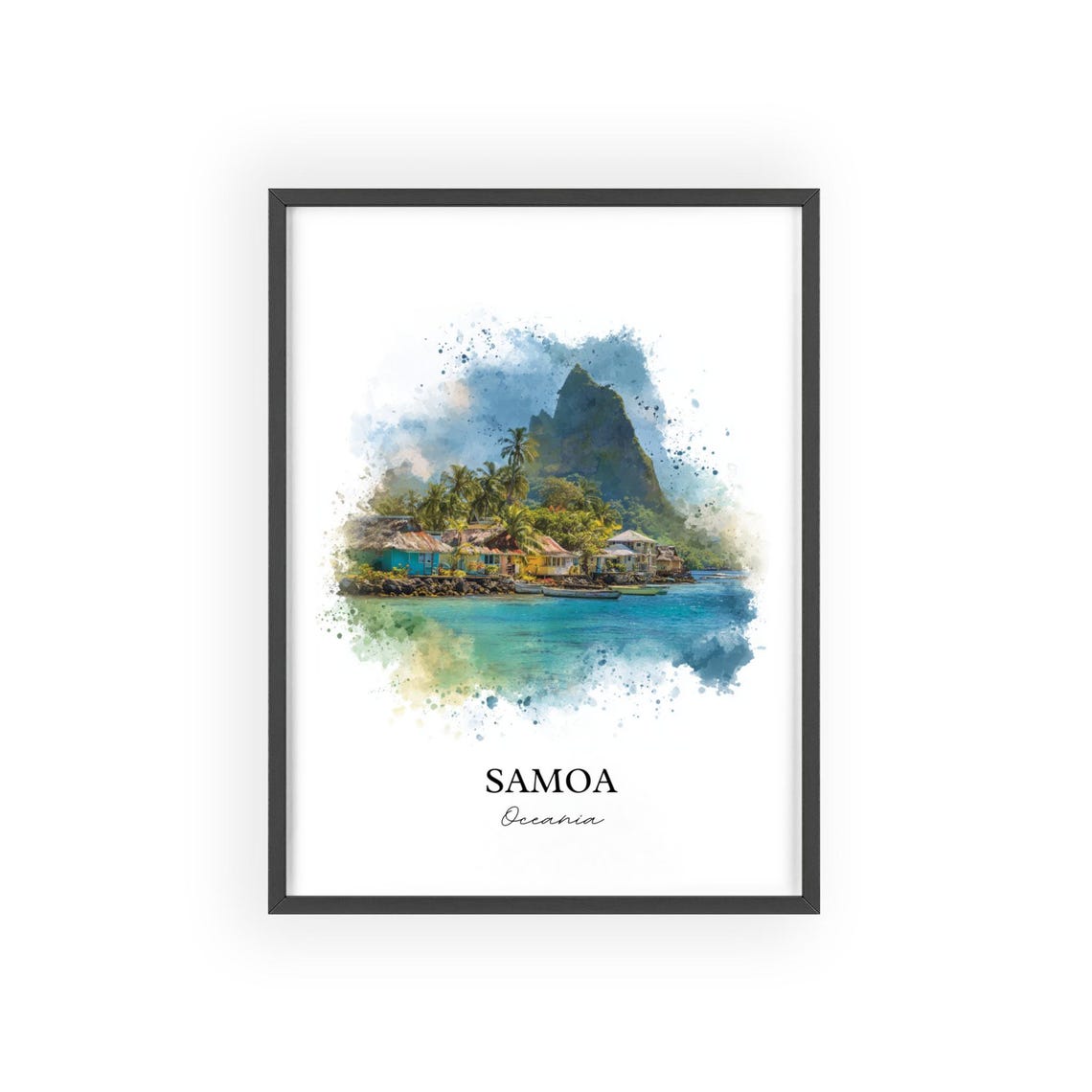 Samoa Oceania Village Palm Trees Mountain Watercolor Art Poster - Image 2