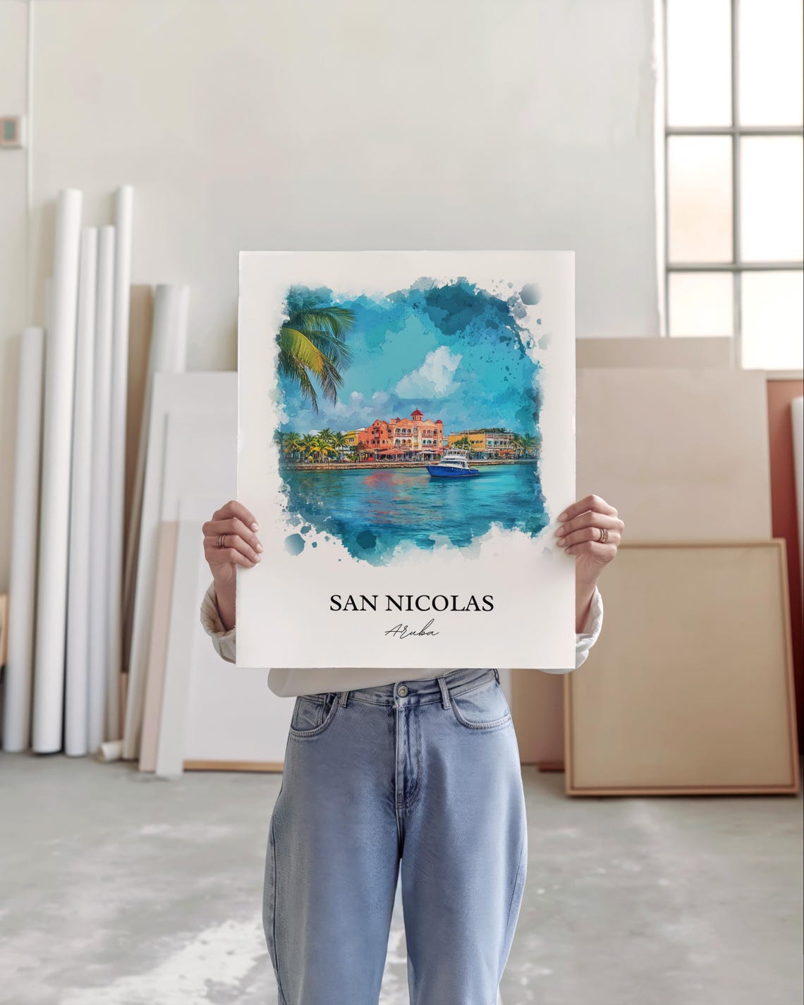 San Nicolas Aruba Watercolor Harbor Boat Waterfront Scene Poster - Image 5