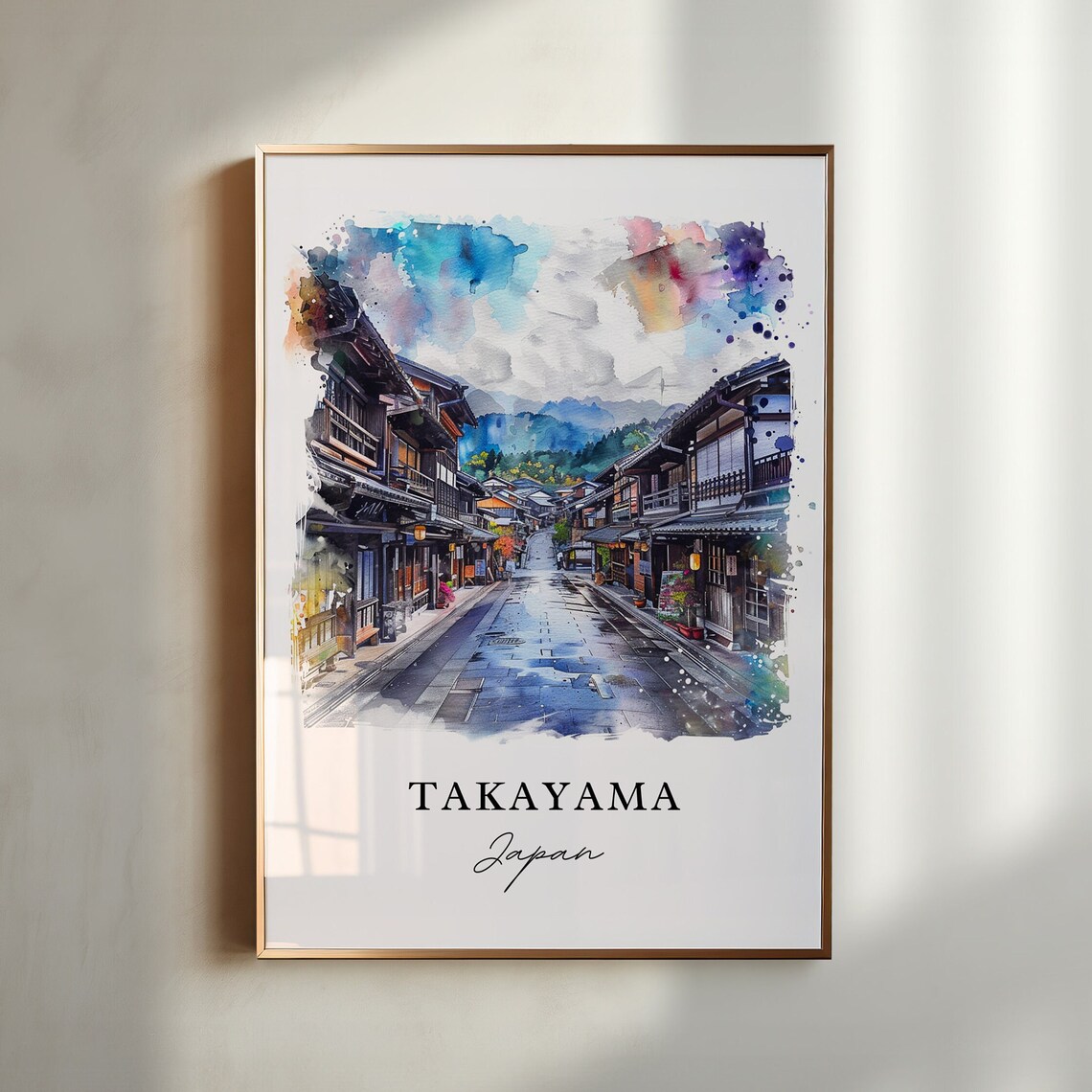 Takayama Japan Old Town Wooden Street Watercolor Travel Poster