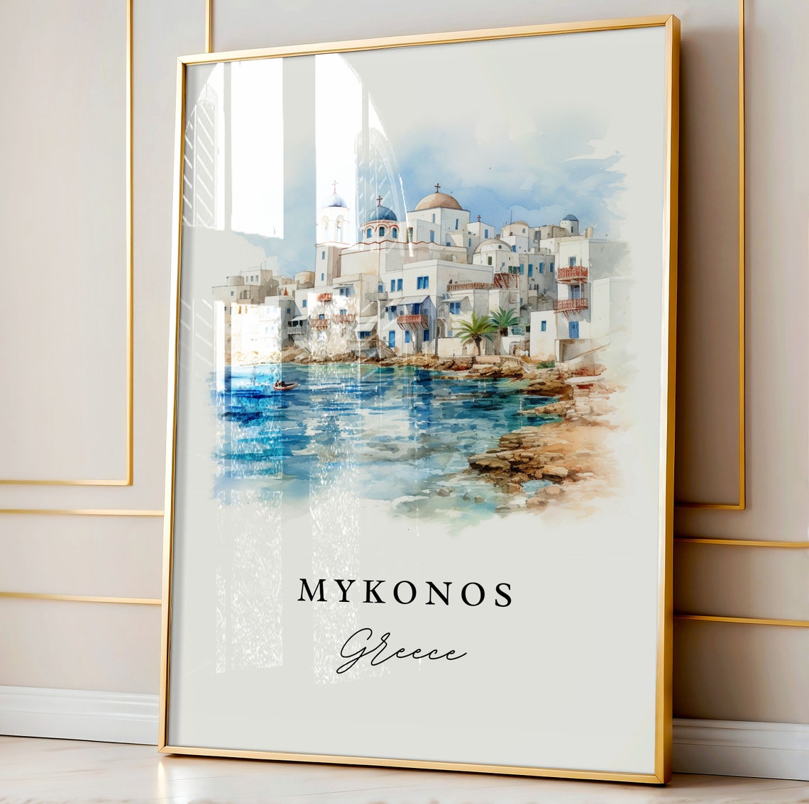 Mykonos Greece Whitewashed Town Blue Domes Watercolor Poster - Image 4