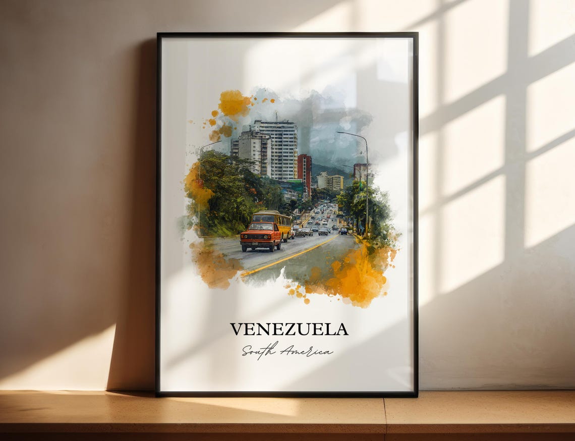 Venezuela South America Bustling City Avenue Watercolor Poster