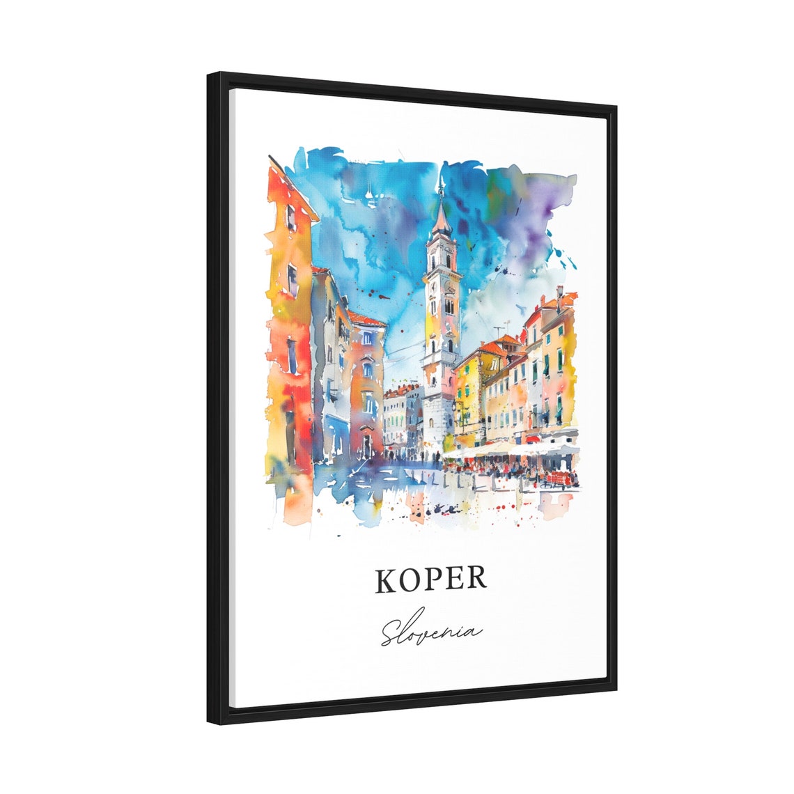 Koper Slovenia Colorful Plaza Bell Tower Watercolor Town Poster - Image 2