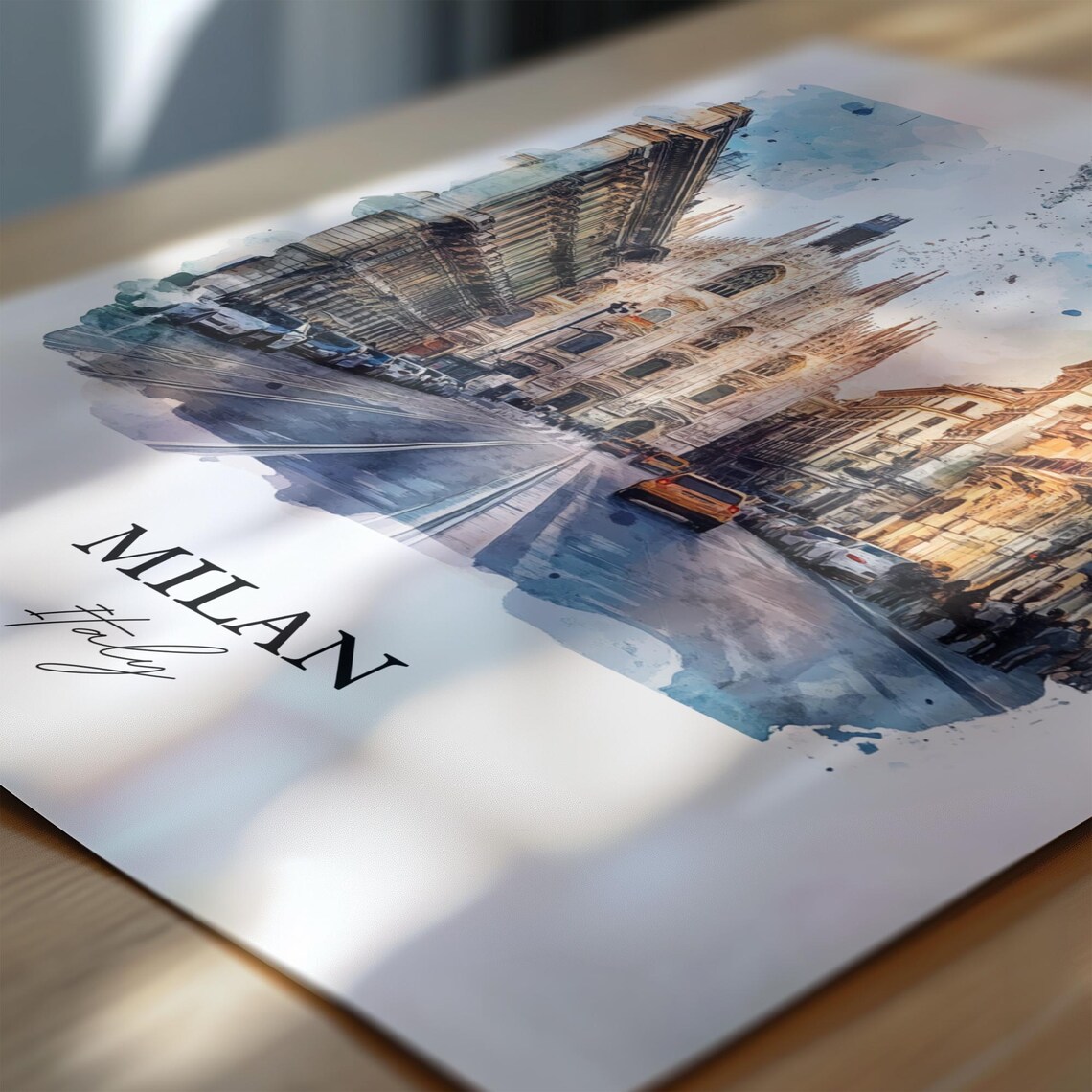 Milan Italy Watercolor Duomo Cathedral Street Scene Travel Poster - Image 6