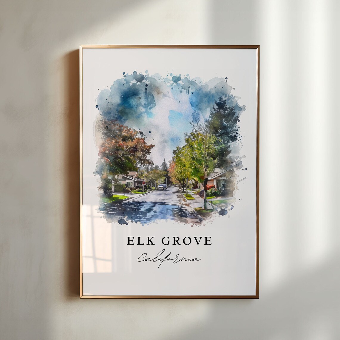 Elk Grove California Suburban Neighborhood Street Watercolor Poster