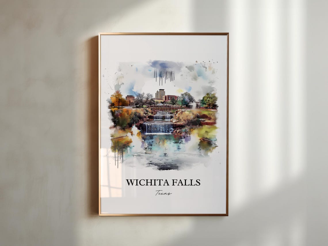 Wichita Falls Texas Downtown Waterfall Cityscape Watercolor Poster - Image 5