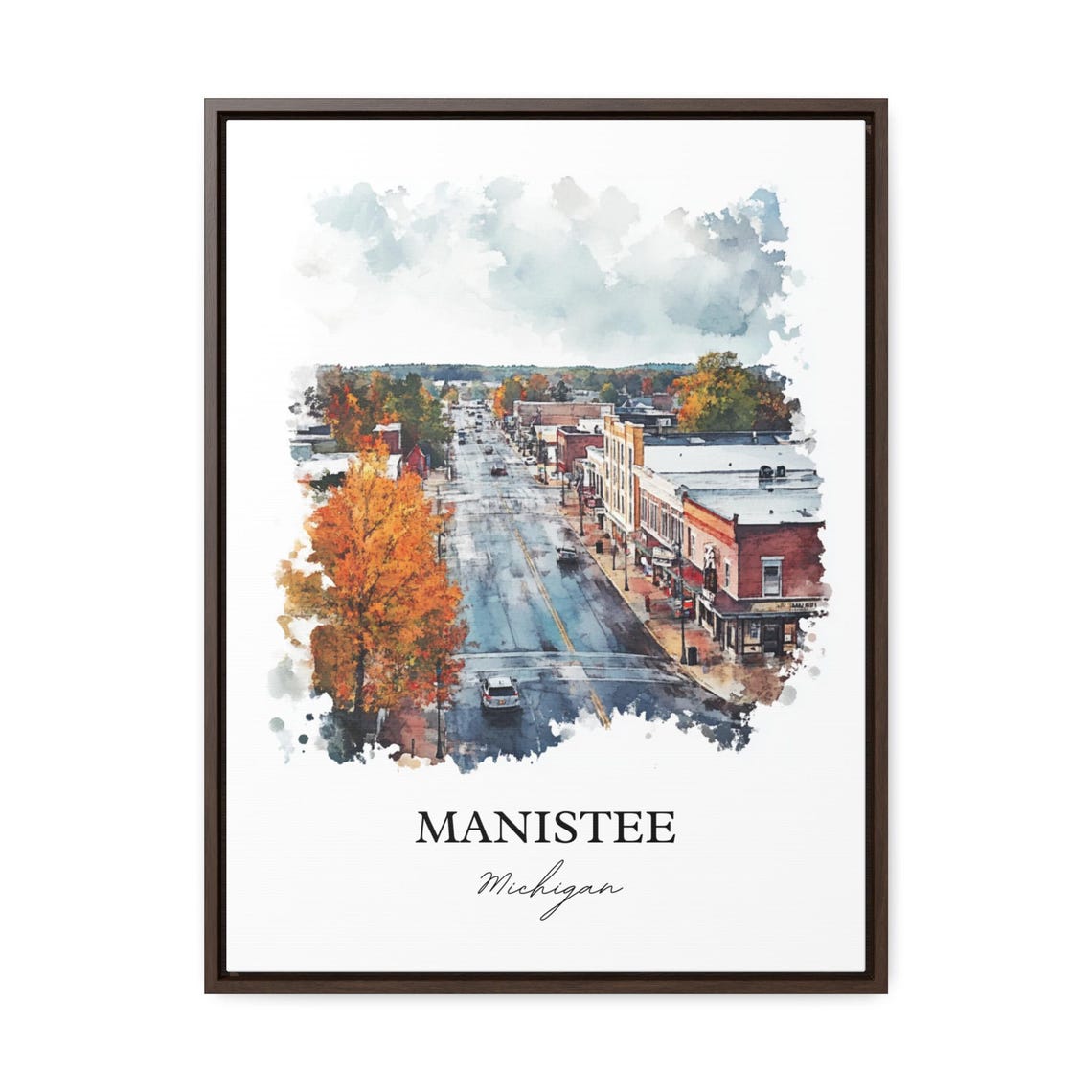 Manistee Michigan Autumn Main Street Small Town Watercolor Poster - Image 2