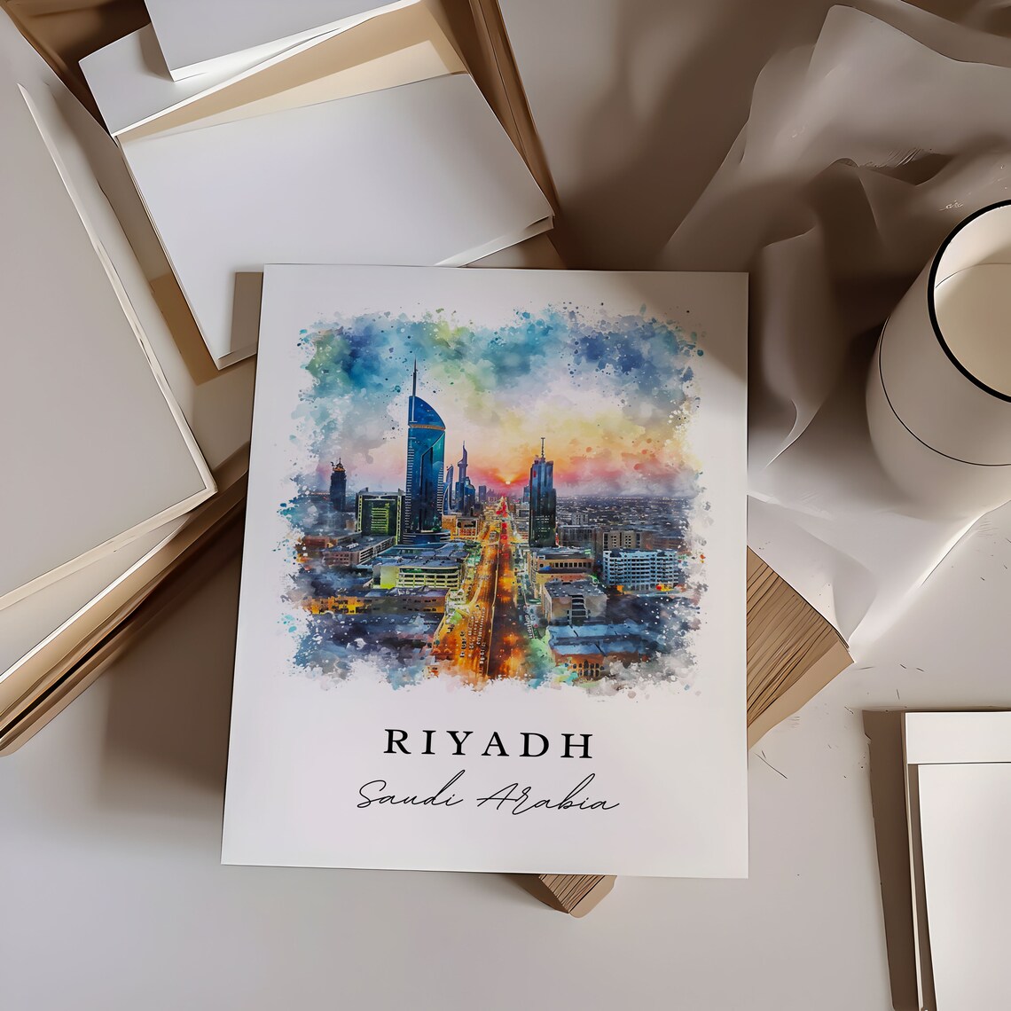 Riyadh Saudi Arabia Watercolor Sunset Skyline Kingdom Tower City Travel Poster - Image 6