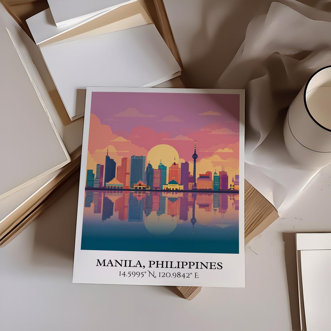 Manila Philippines Sunset Skyline Water Reflection Travel Poster - Image 4