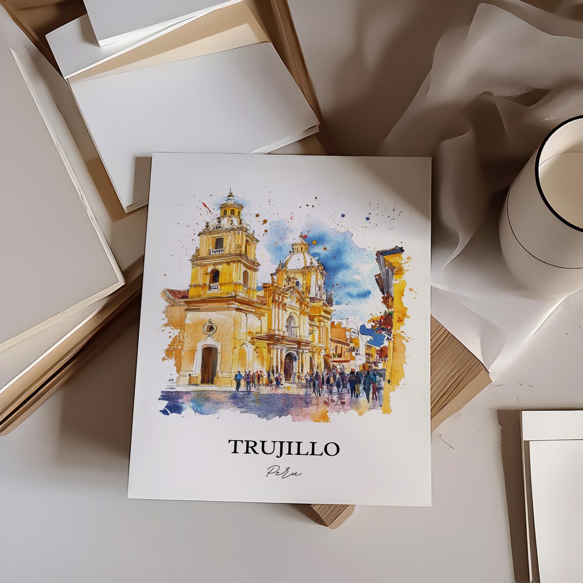 Trujillo Peru Golden Colonial Church Watercolor Travel Poster - Image 3