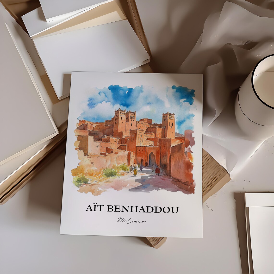 Ait Benhaddou Morocco Kasbah Fortress Watercolor Travel Poster - Image 3