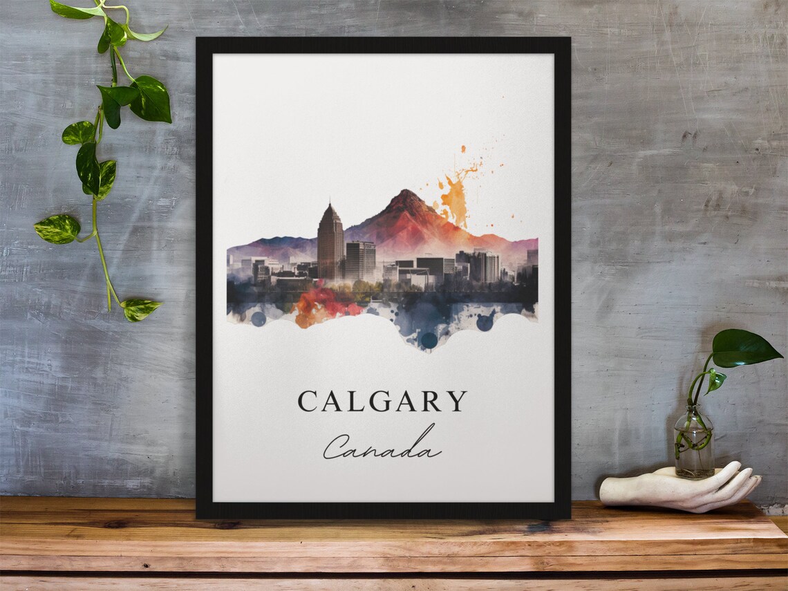 Calgary Canada Skyline Mountain Watercolor Cityscape Travel Poster